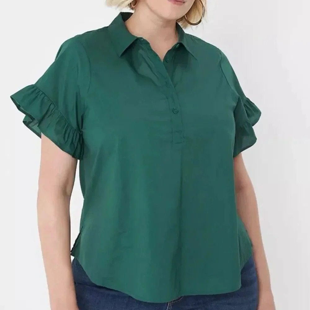 LANE BRYANT |‎ Ruffle Sleeve Button Down Top Hunter Green | Size 18